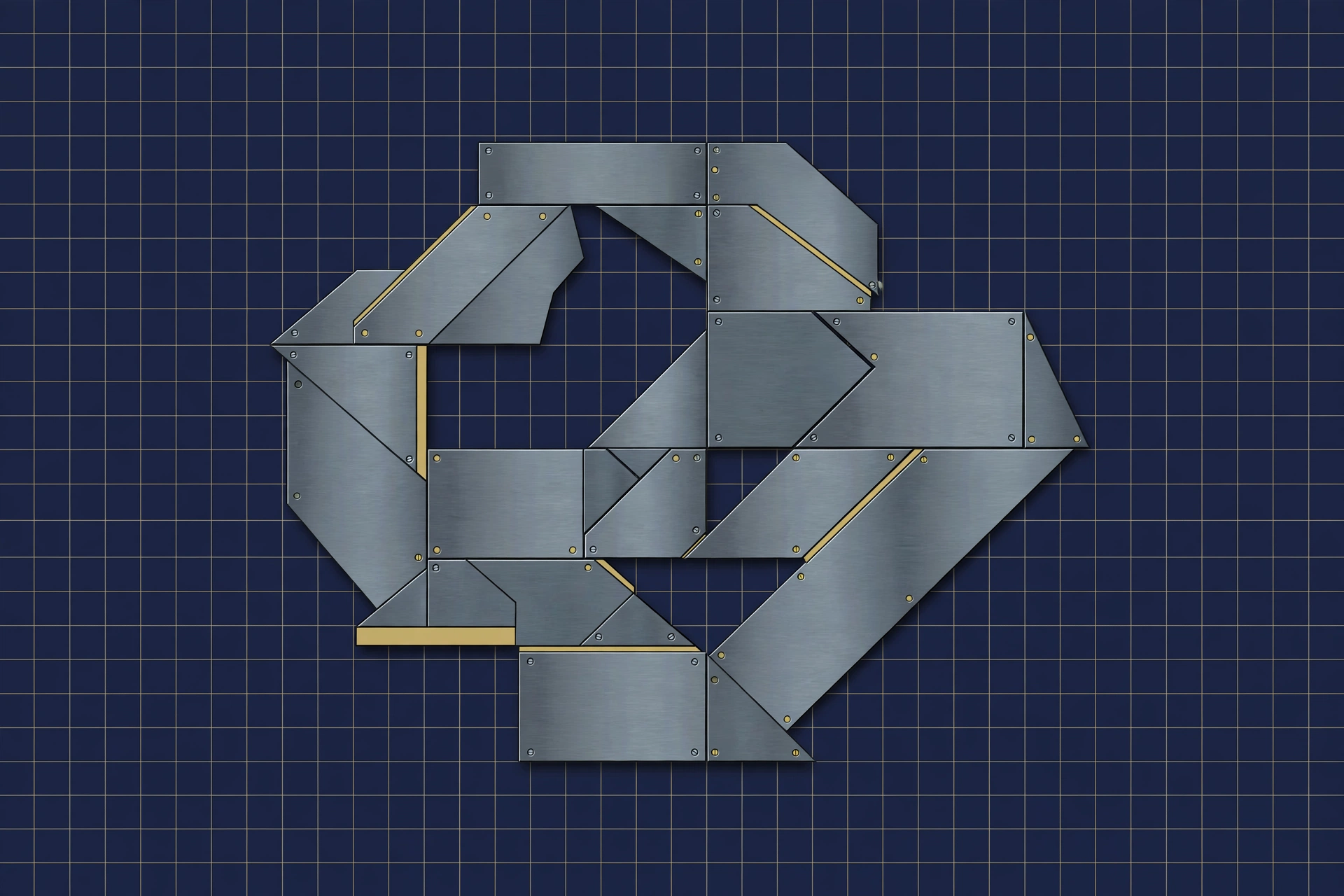 Abstract steel panels on a blueprint grid
